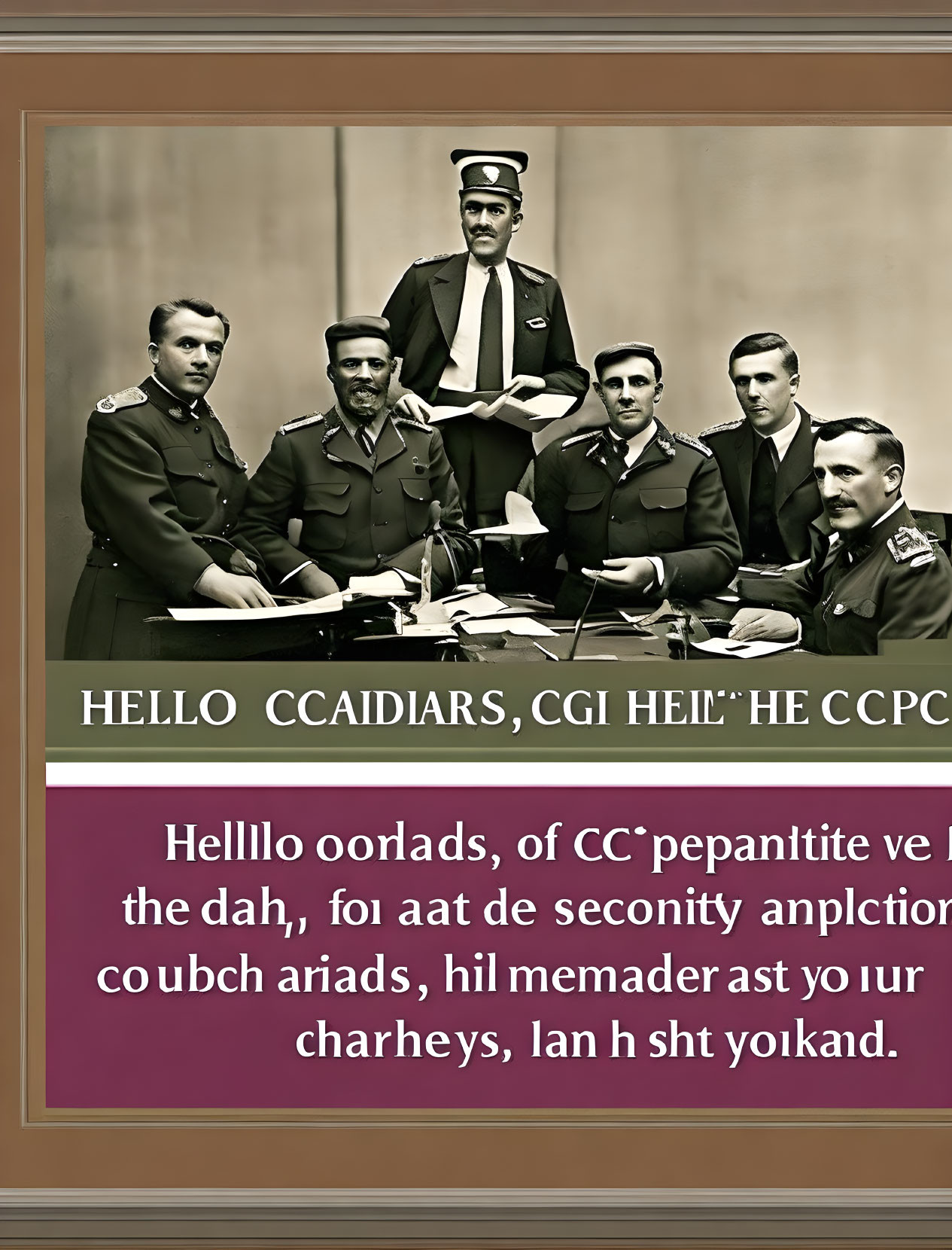 Vintage Black and White Photo of Military Officers Around Table with Distorted Text Overlay