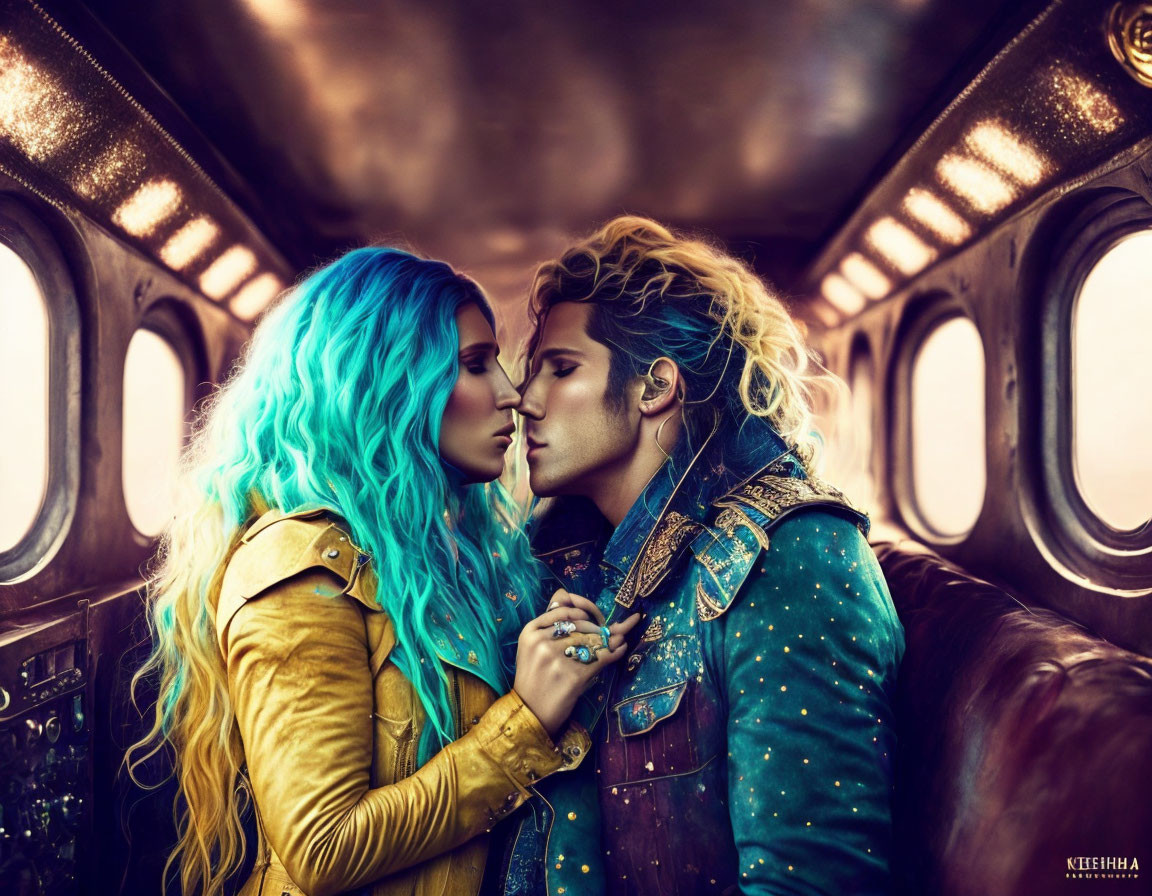 Vibrant blue hair individuals in intimate moment on retro bus