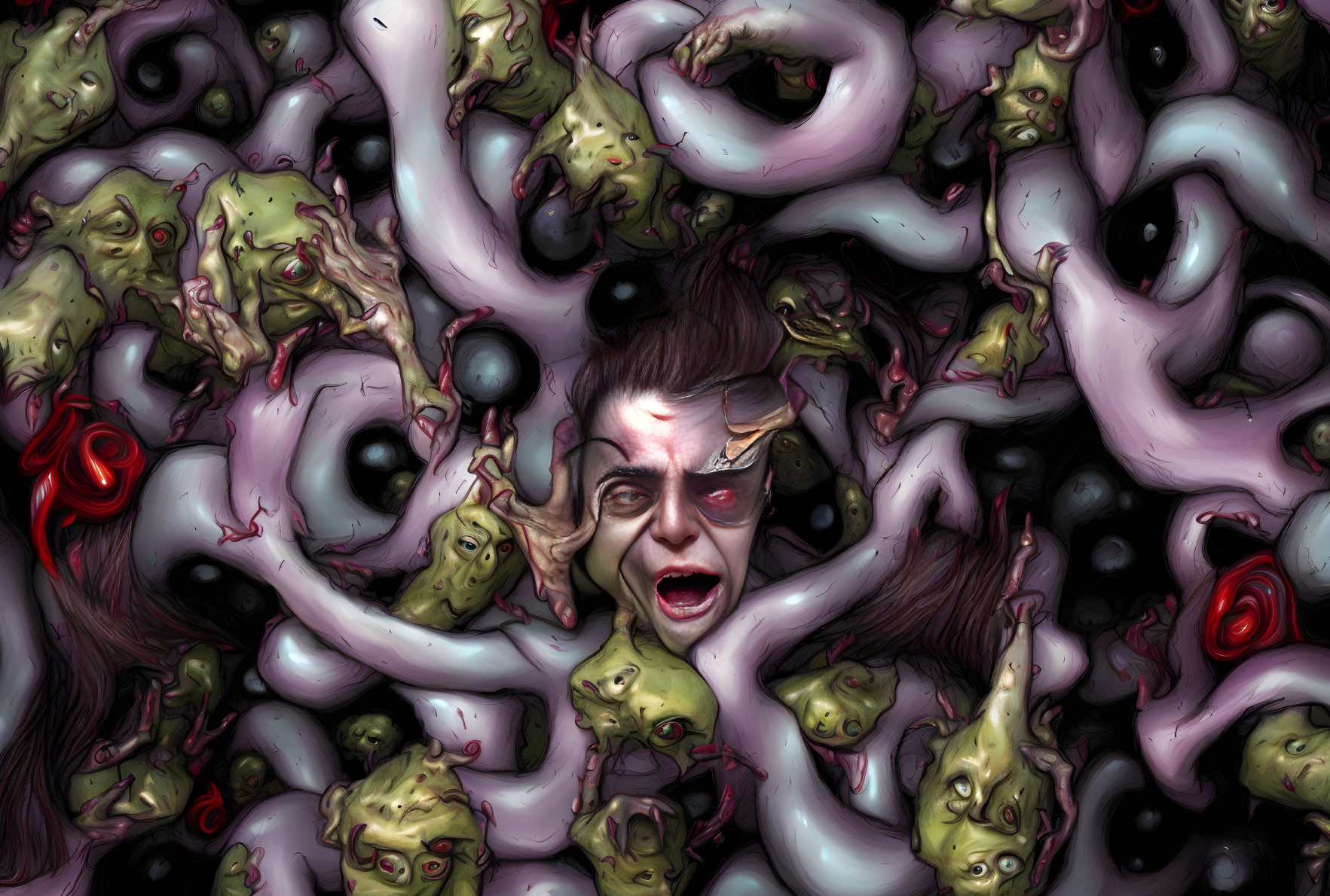 Person trapped in chaos of tentacles and monsters with eerie eyes.