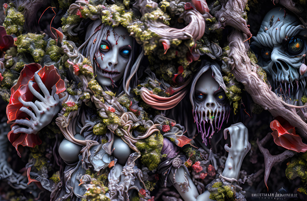 Fantasy scene: eerie mythical creatures in dense floral thicket