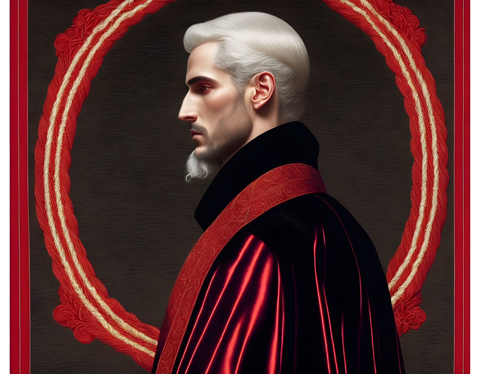 Regal man with white hair in red and black cape against dark background