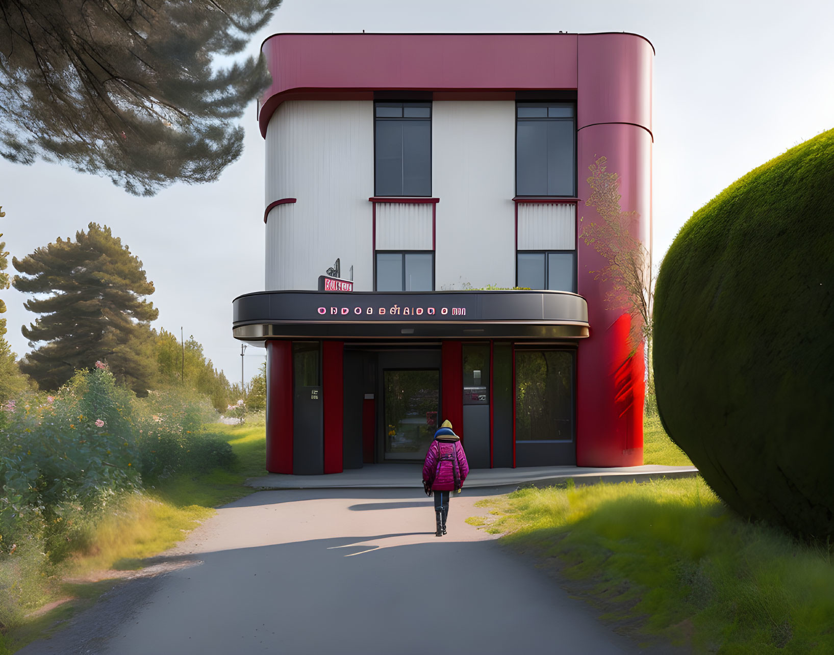 Person with pink backpack approaching modern building with red accents in green setting under clear sky