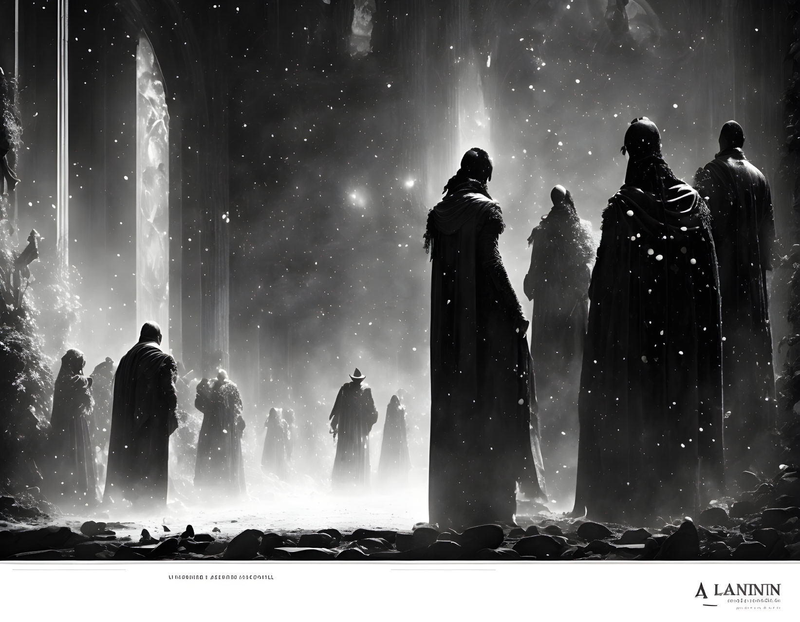 Monochrome image of cloaked figures in mystical forest