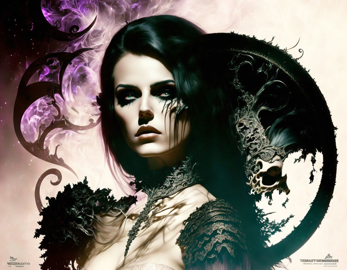 Dark-haired woman in Gothic attire with piercing eyes and skull motifs in digital artwork