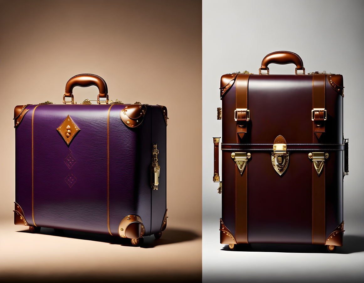 Brown and Purple Leather Suitcases with Gold-tone Hardware on Neutral Background