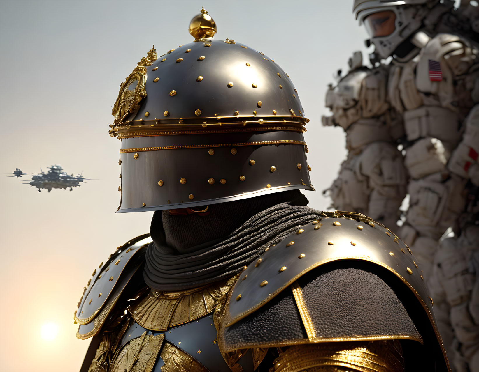 Medieval knight in ornate armor faces futuristic soldiers and aircraft in sunlit scene