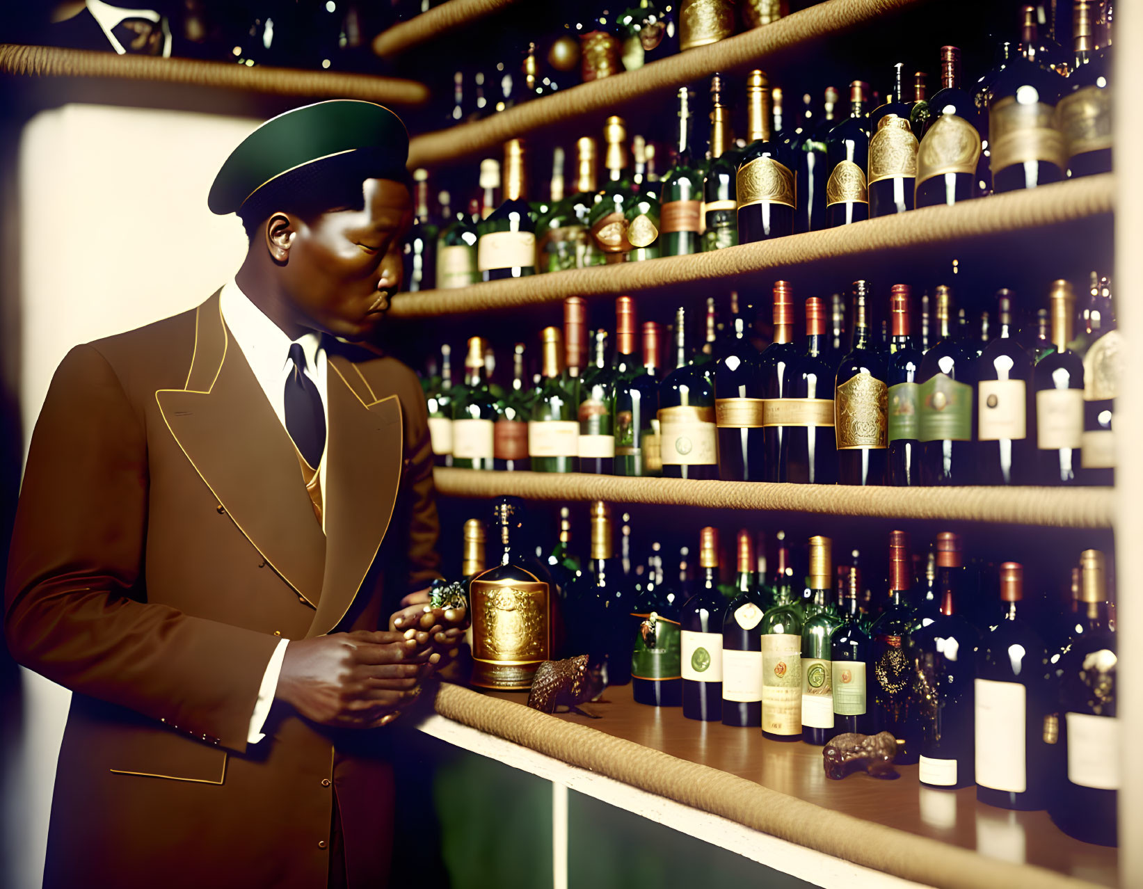 Bellboy in Green Cap Examining Whisky Glass by Liquor Shelf