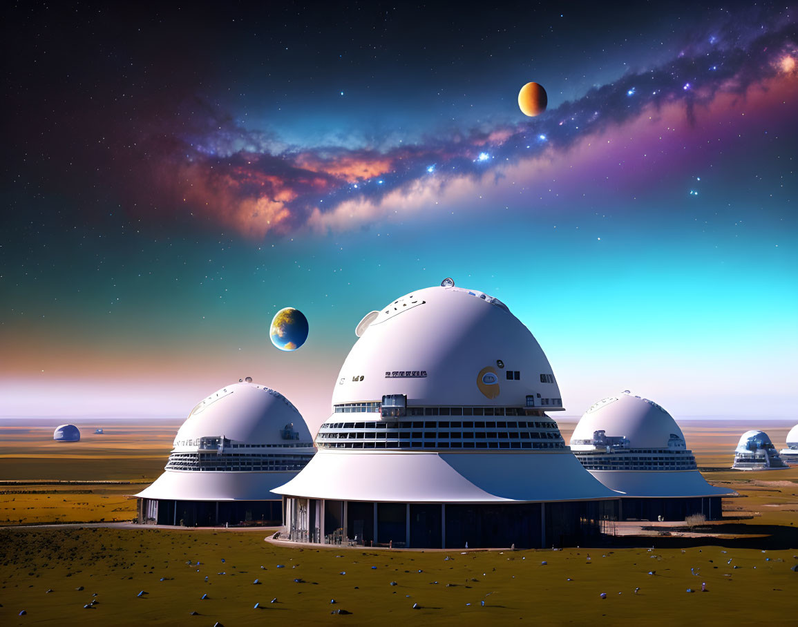 Futuristic domed structures under starry sky with visible planets