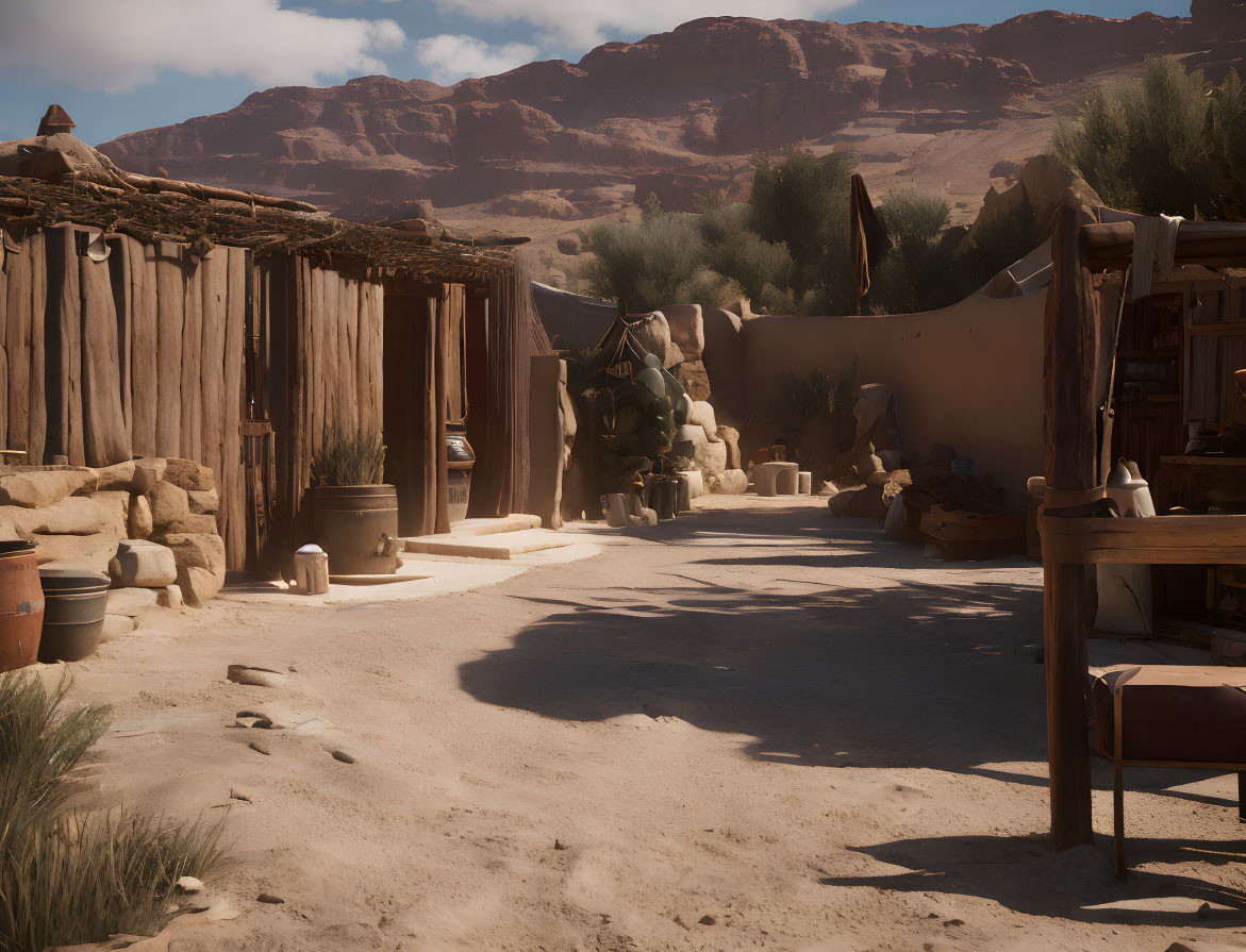 Earthen desert settlement with pottery and wooden structures under clear sky