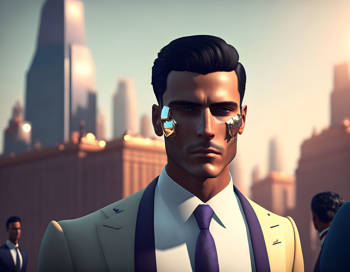 Man in White Suit with Purple Tie in Futuristic Cityscape