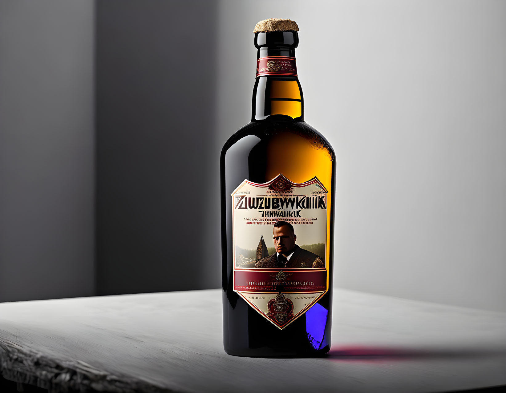 Dark Amber Beer Bottle with Unique Label and Wax-Dipped Top on Gray Surface