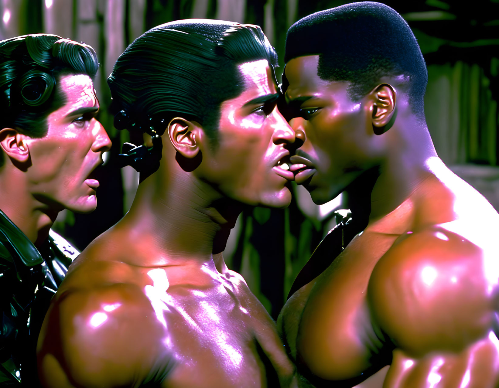 Three intense male figures in a muscular confrontation.