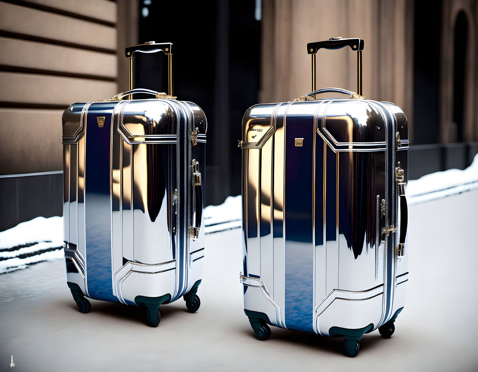 Reflective Silver Suitcases with Black and Blue Accents by Dark Building Column