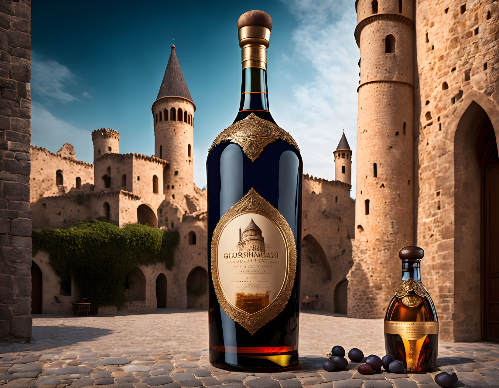 Luxurious Liquor Bottle with Intricate Label by Ancient Stone Castle