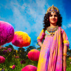 Woman in Colorful Dress Surrounded by Flowers and Birds