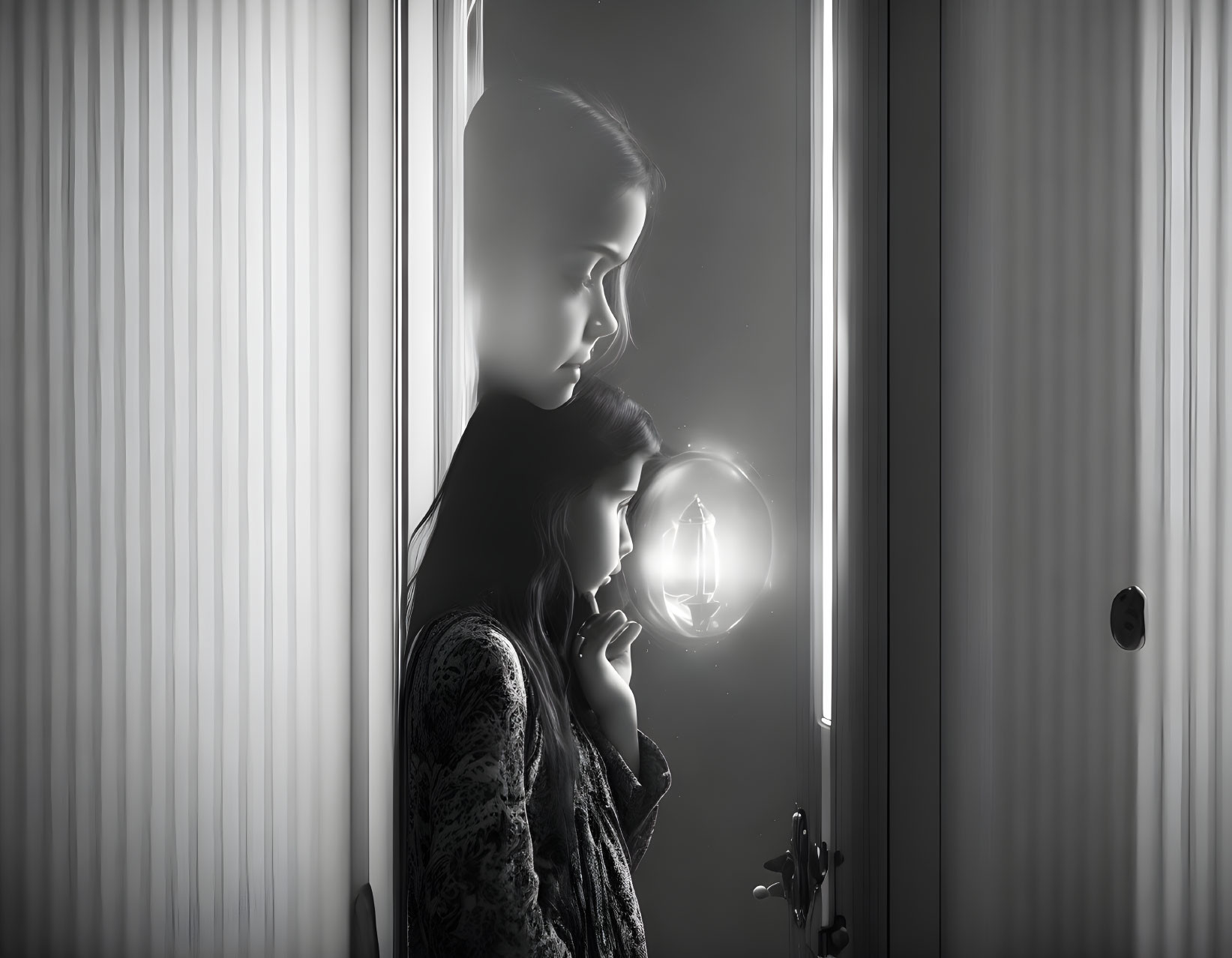 Monochrome image of woman peering through glass door with reflective face and glowing light bulb.