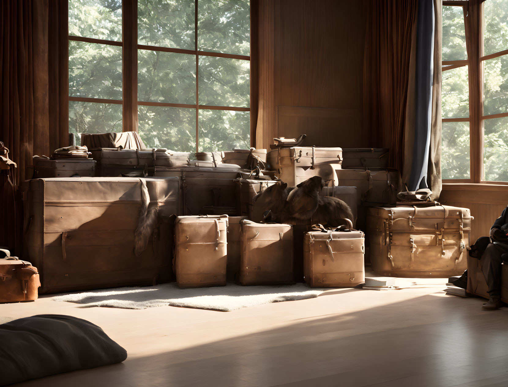 Nostalgic vintage room with stacked leather suitcases and natural light