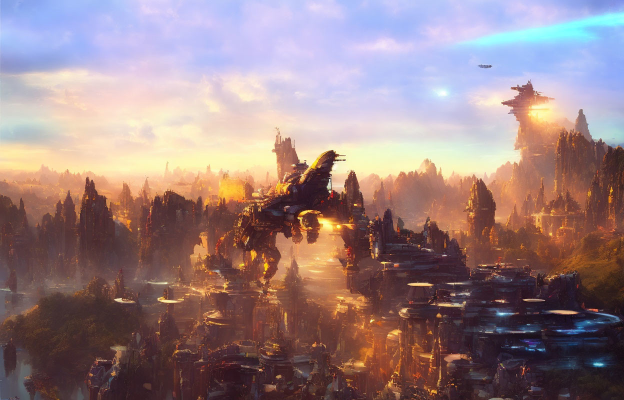 Vibrant fantasy landscape: advanced structures, flying creature, distant airship.