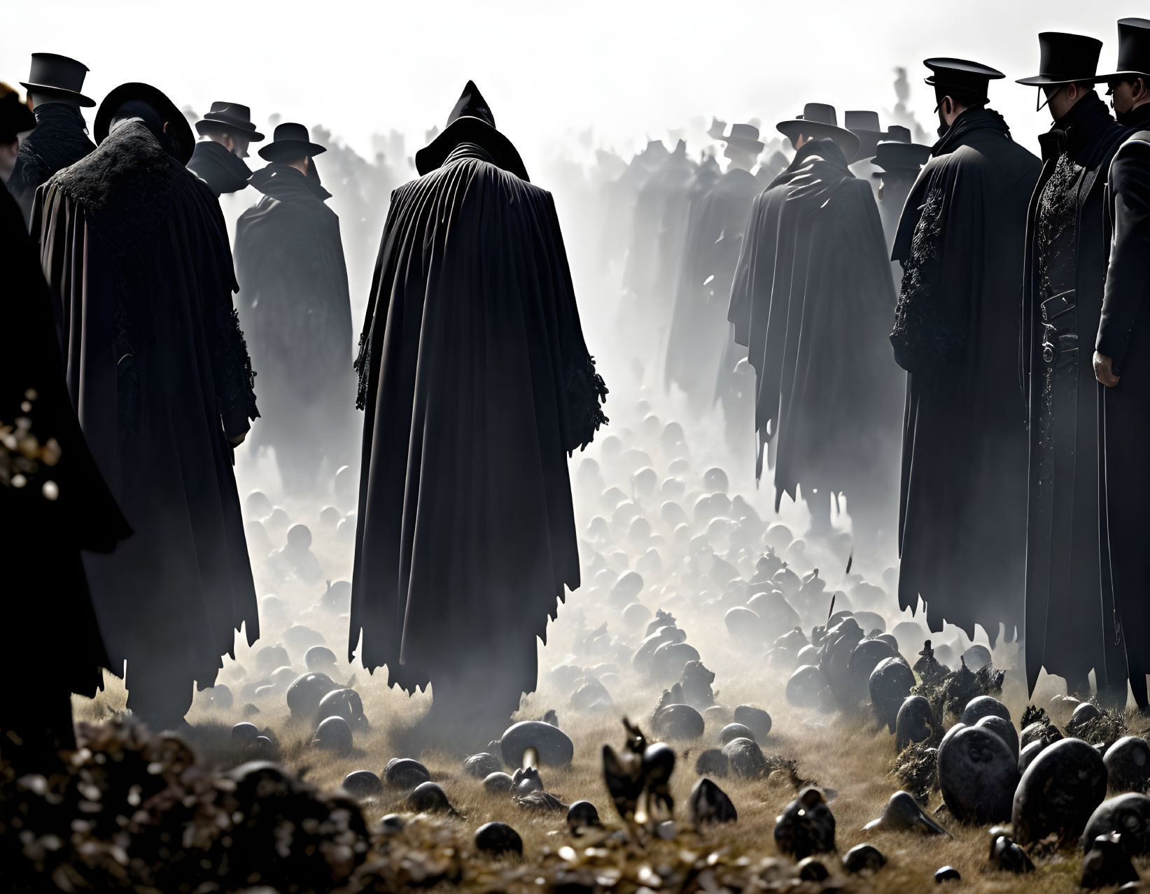 Mysterious figure in cloak confronts men in top hats amid foggy scene