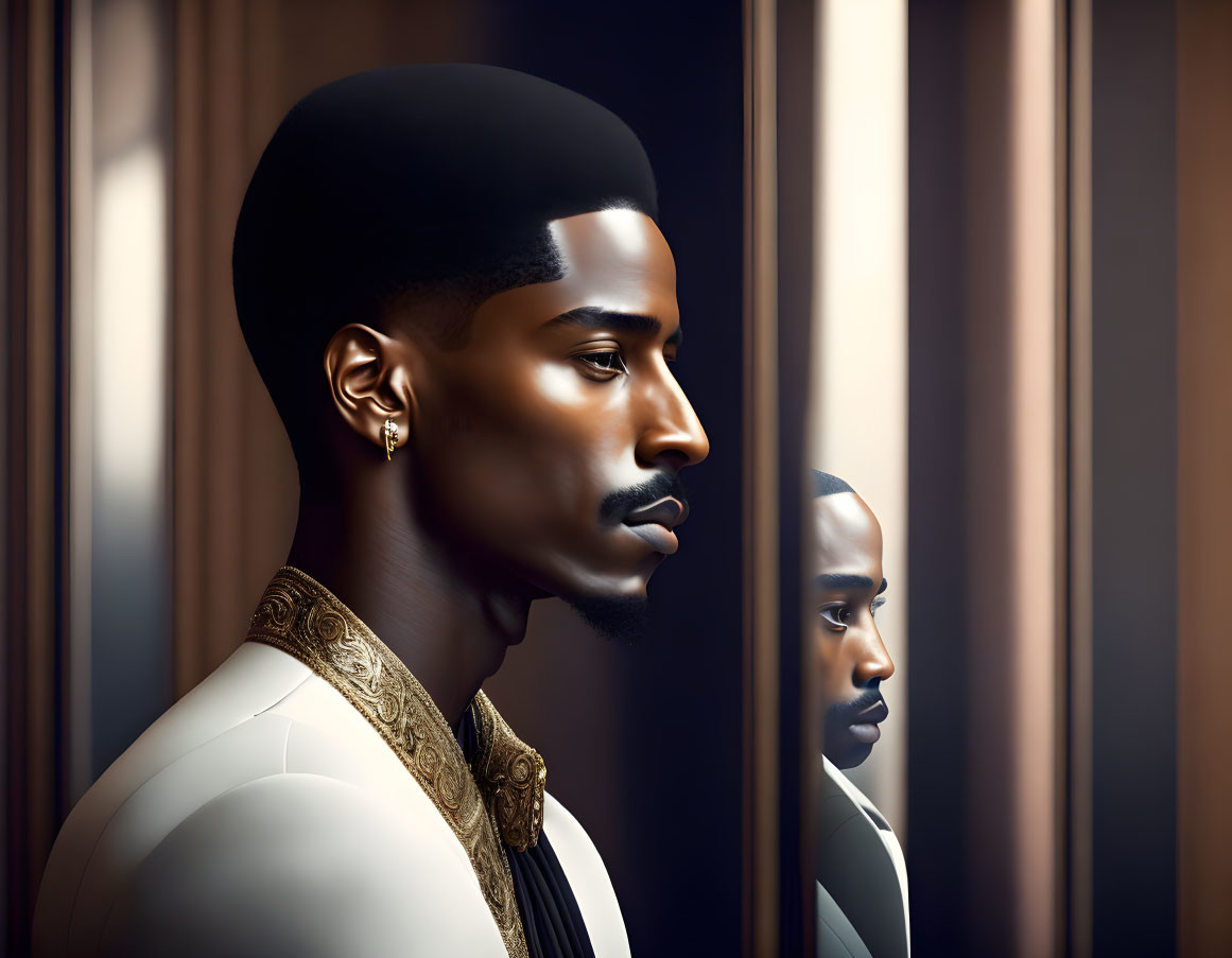 Digital portrait: Man with flat-top haircut gazes at mirror in white top with gold trim