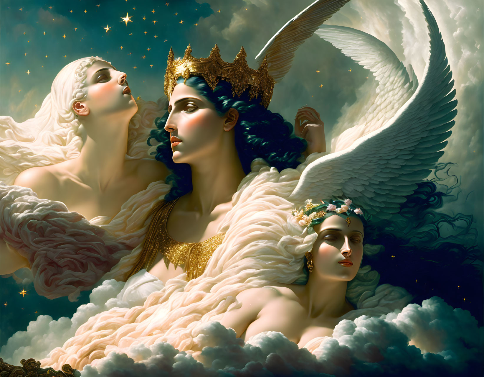 Ethereal digital artwork: three angelic figures in clouds