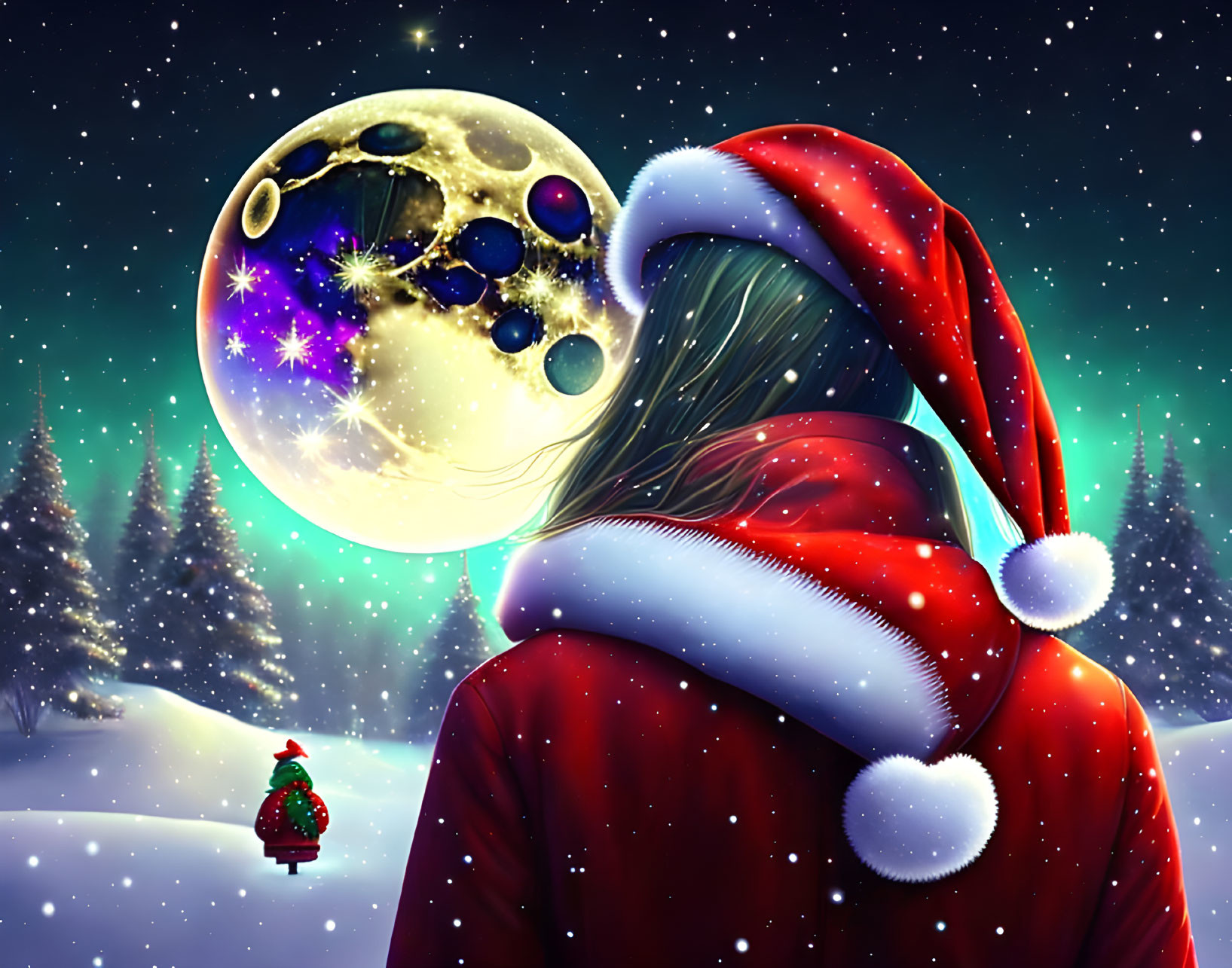 Santa Hat Person Gazes at Full Moon in Snowy Christmas Scene