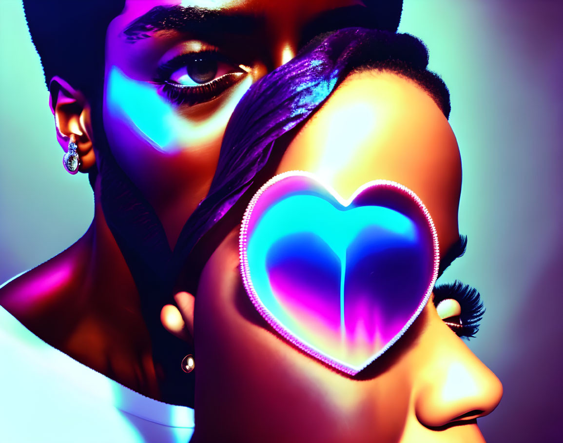 Close-up portrait with vibrant neon colors and glowing heart shape.