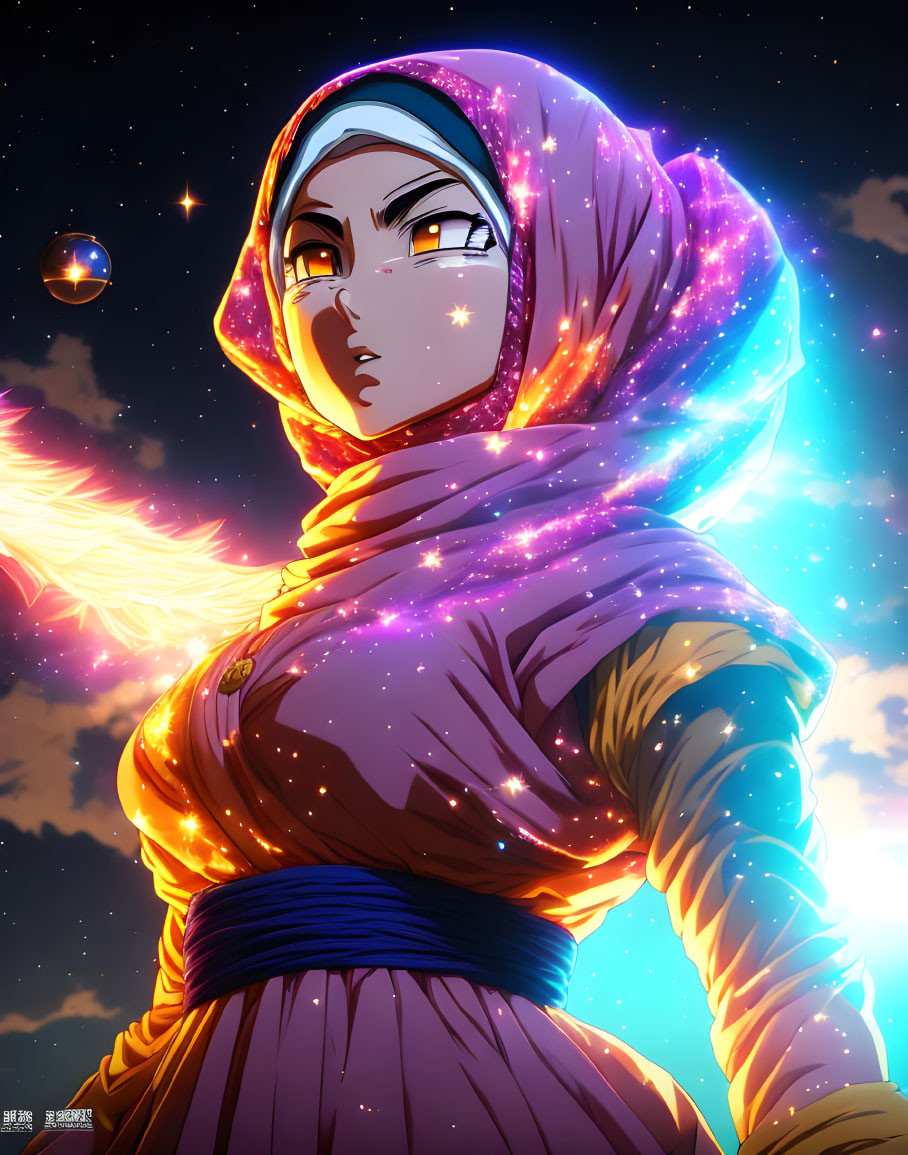 Cosmic-themed hijab illustration with fiery aura and starry eyes