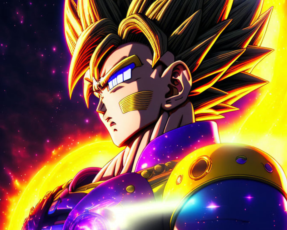 Muscular anime character in armor with spiky hair, glowing in cosmic scene