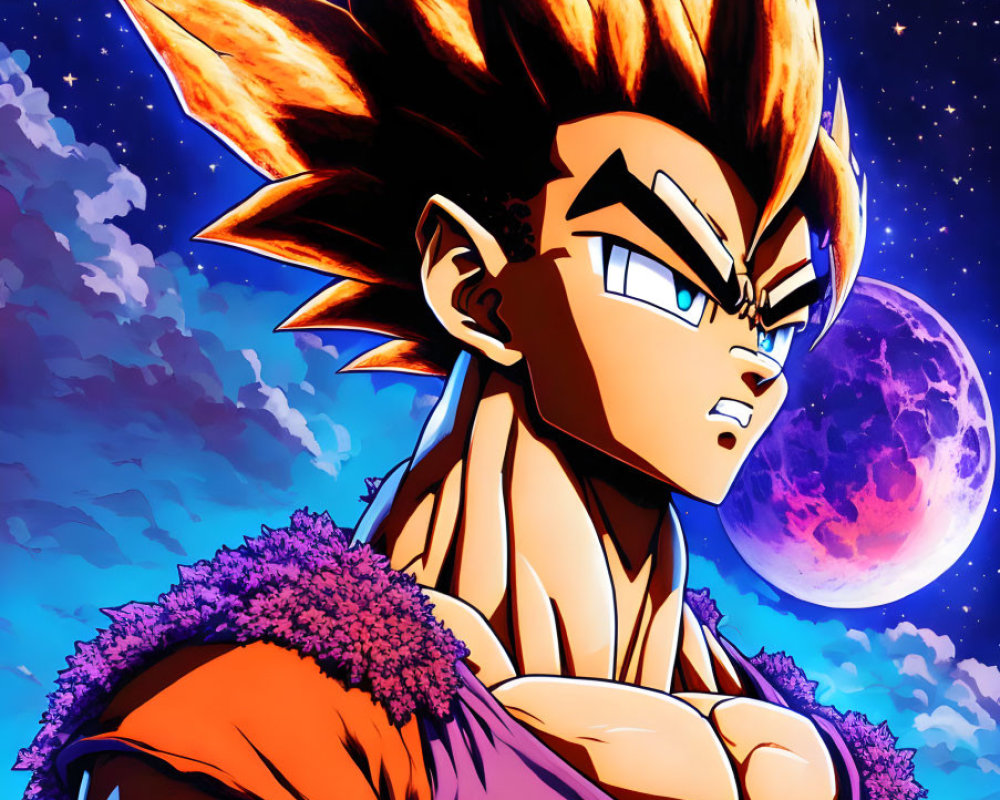 Muscular anime character with golden hair in purple outfit on cosmic background