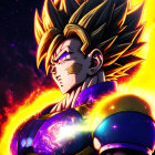 Muscular anime character in armor with spiky hair, glowing in cosmic scene