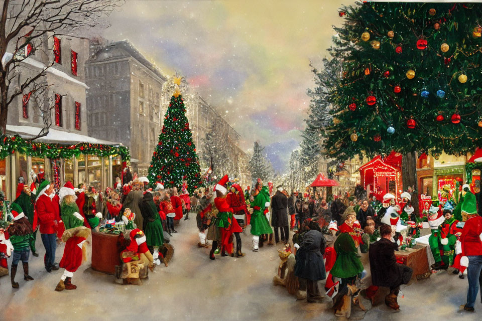 Vibrant Christmas Market Scene with Festive Attire and Snow-covered Street