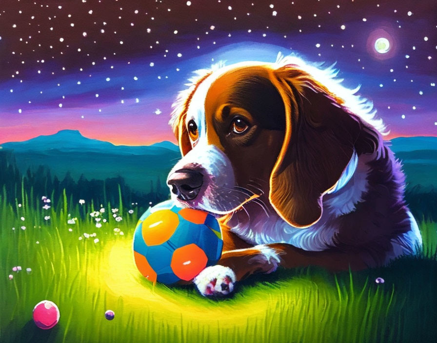 Vibrant dog illustration in grassy meadow at dusk with ball and starry sky