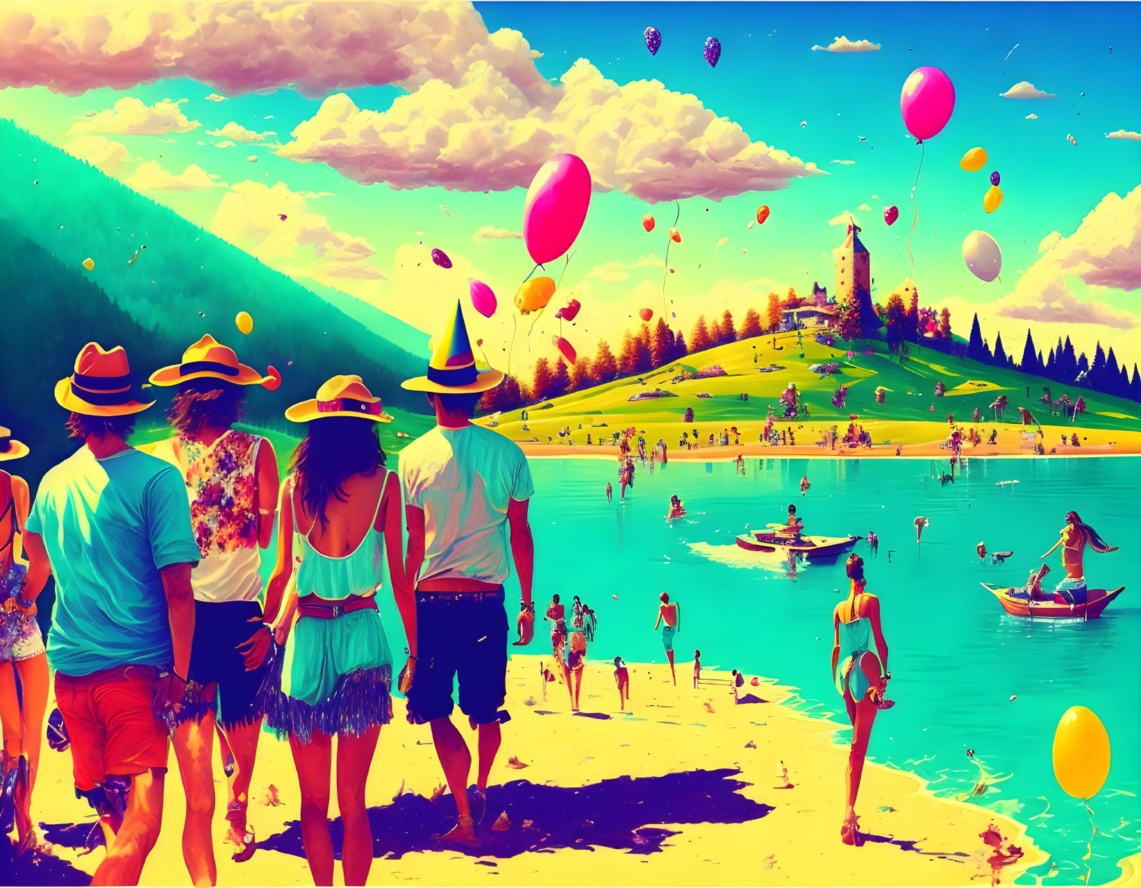 Colorful beach scene with people, balloons, boats, castle, and mountains under bright sky