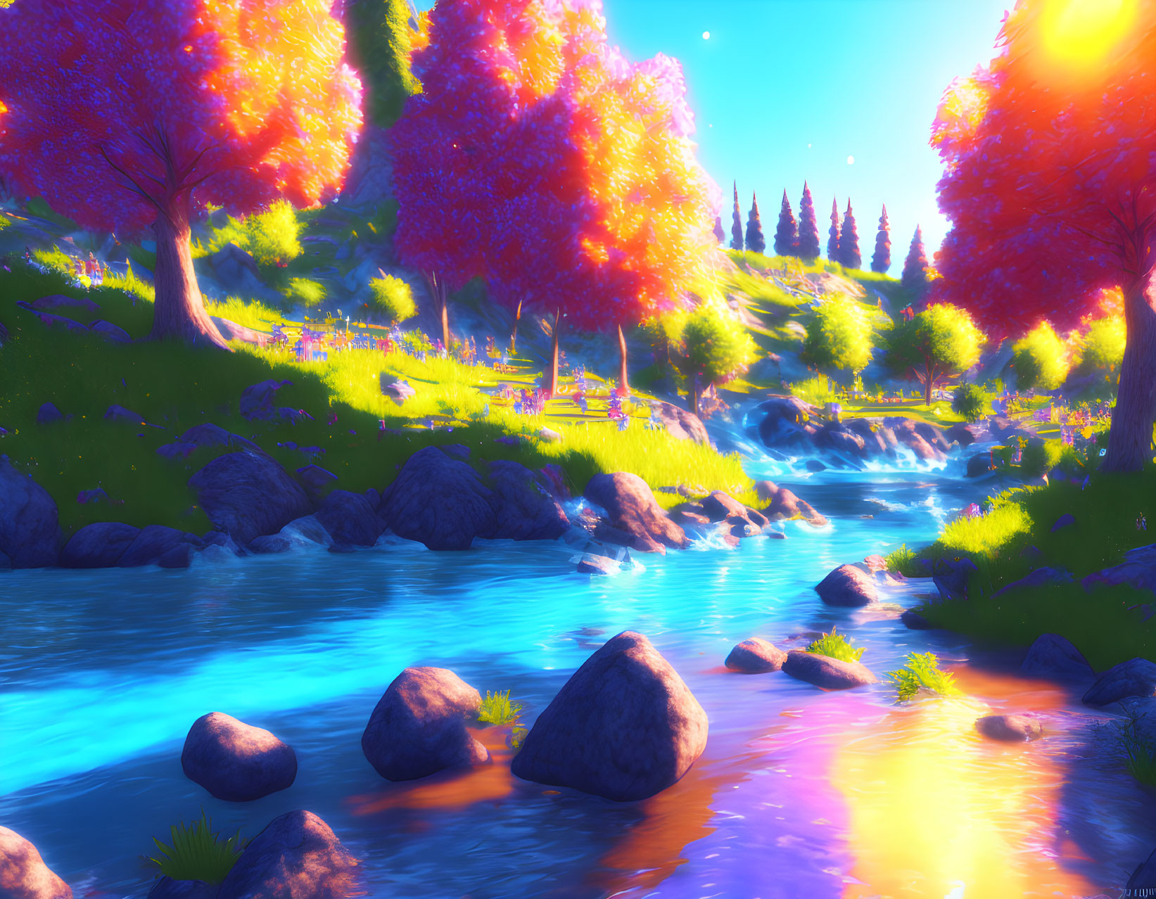 Tranquil stream in vibrant landscape with colorful trees