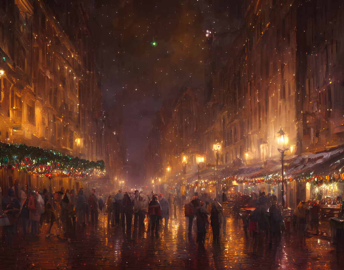 Nighttime street scene with festive holiday lights and shoppers on wet cobblestones