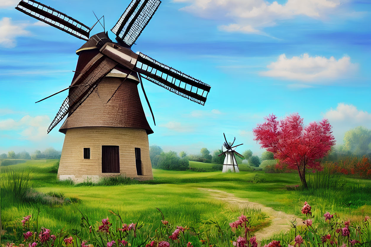 Rural landscape with windmills, blossom trees, and blue sky