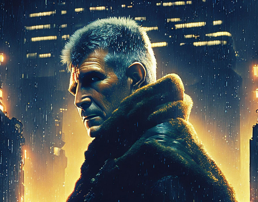 Gray-Haired Man in Fur Collar Coat Standing in Neon-Lit City