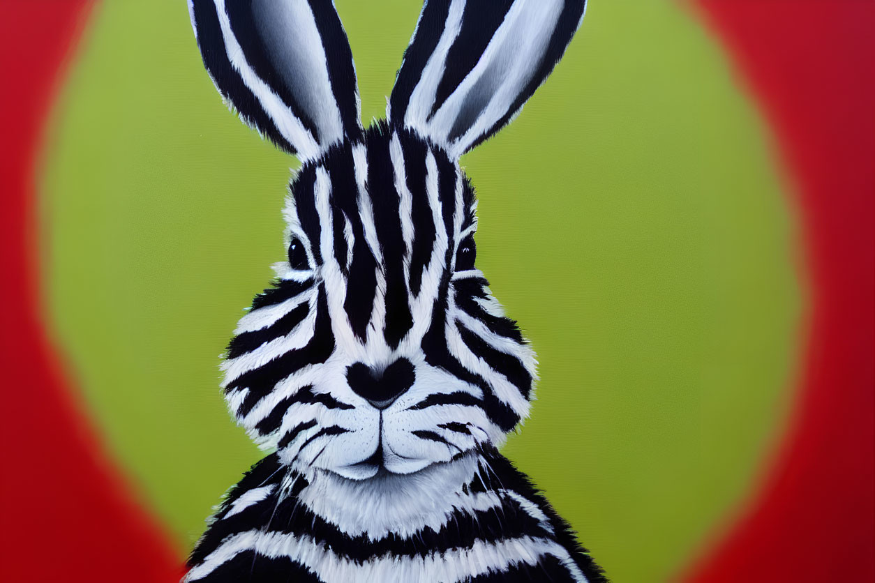 Rabbit with zebra-like stripes on colorful backdrop