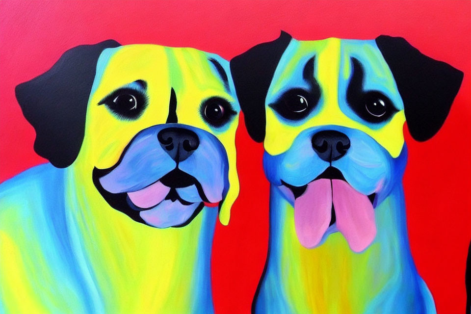 Colorful Stylized Dog Paintings on Red Background