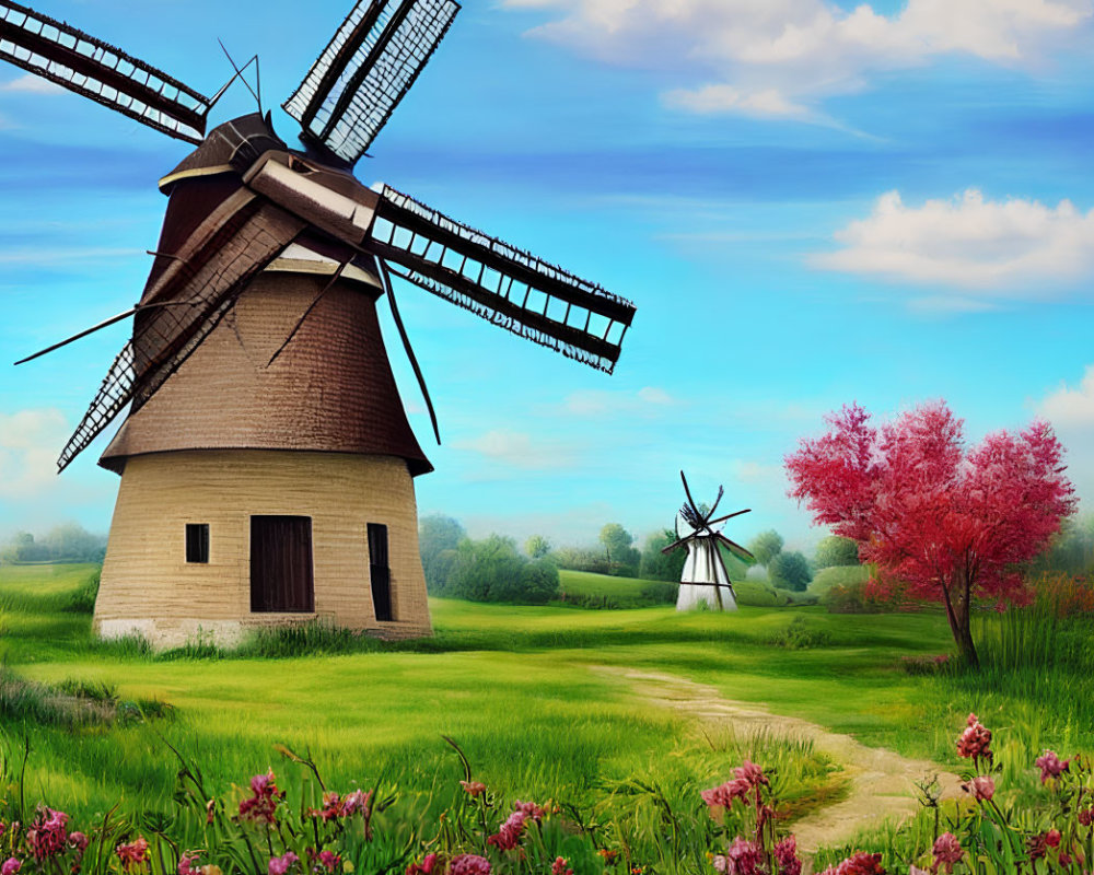 Rural landscape with windmills, blossom trees, and blue sky