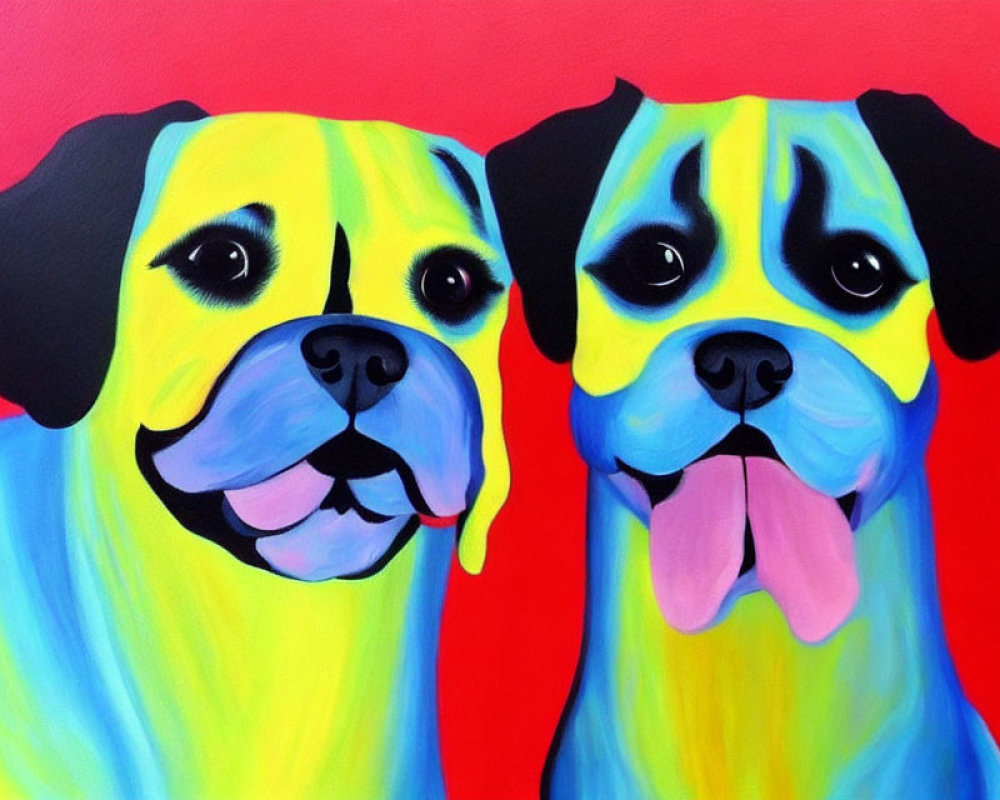 Colorful Stylized Dog Paintings on Red Background