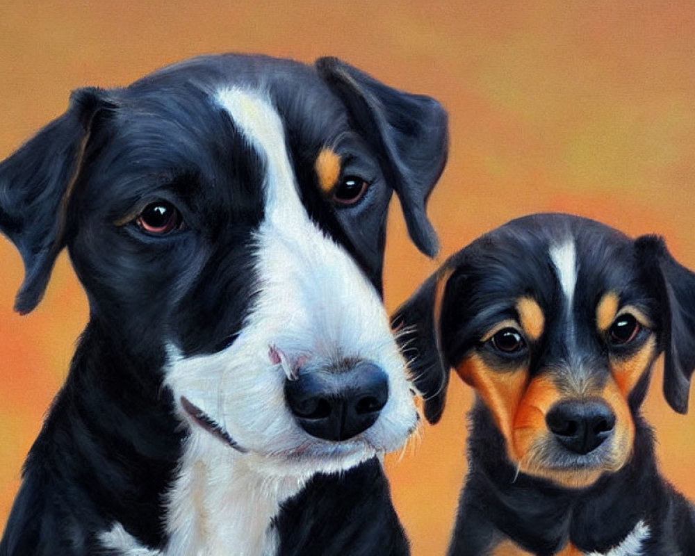 Two Dogs Painting: Large Black & White Dog with Smaller Puppy