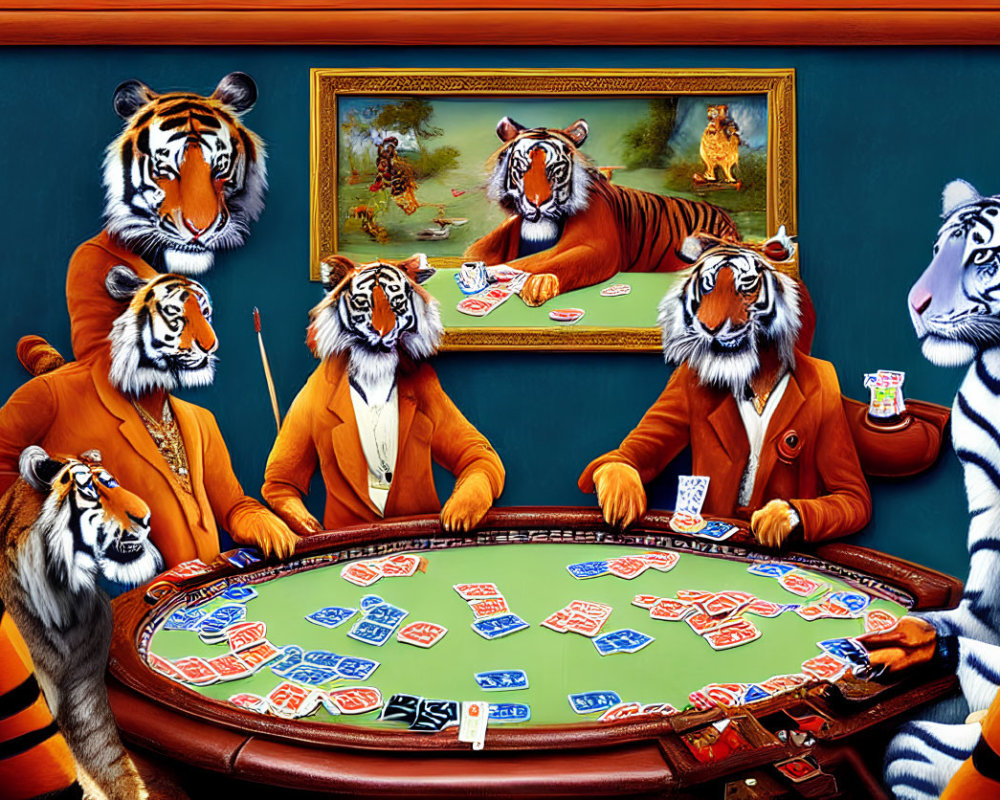 Tiger-themed poker game with anthropomorphic characters in suits