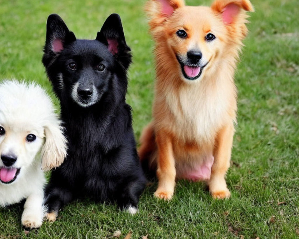 Three Dogs Sitting on Grass: Fluffy White, Focused Black, Smiling Tan