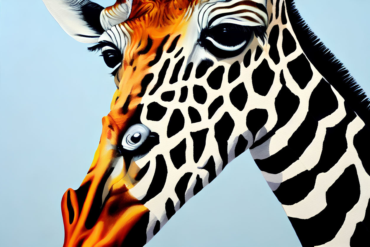 Vibrant giraffe portrait with intricate patterns on neck.