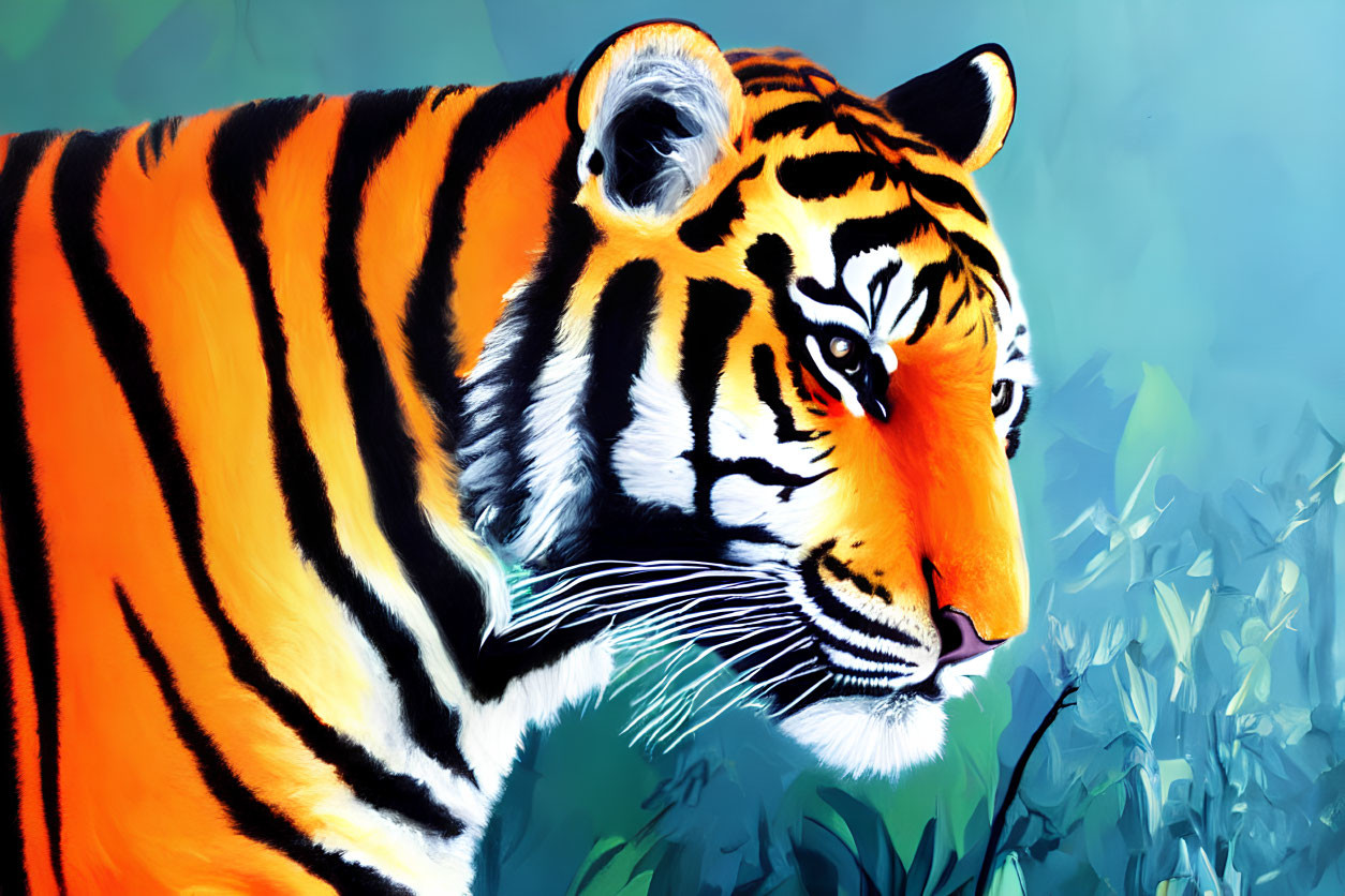 Colorful Tiger Painting with Striking Stripes on Blue and Green Background