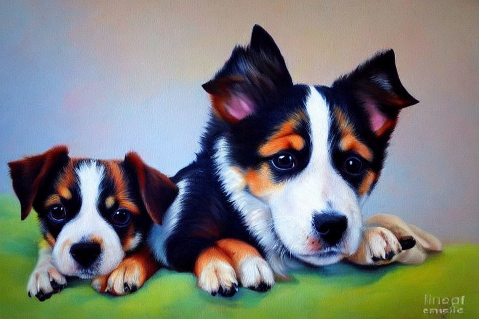 Two Tri-Colored Puppies Resting and Watching on the Ground