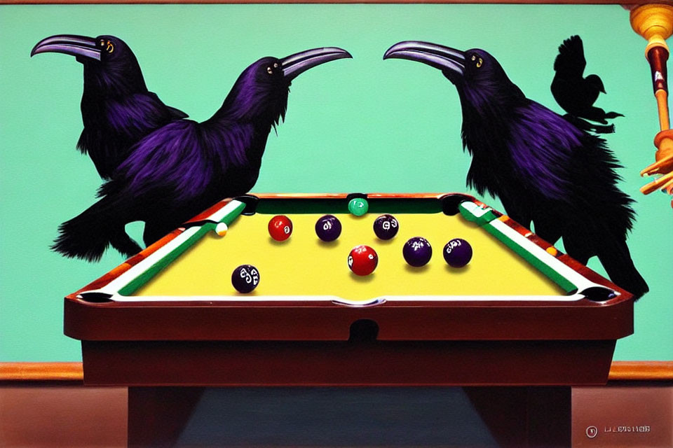 Three ravens on a pool table with colorful balls - greenish backdrop