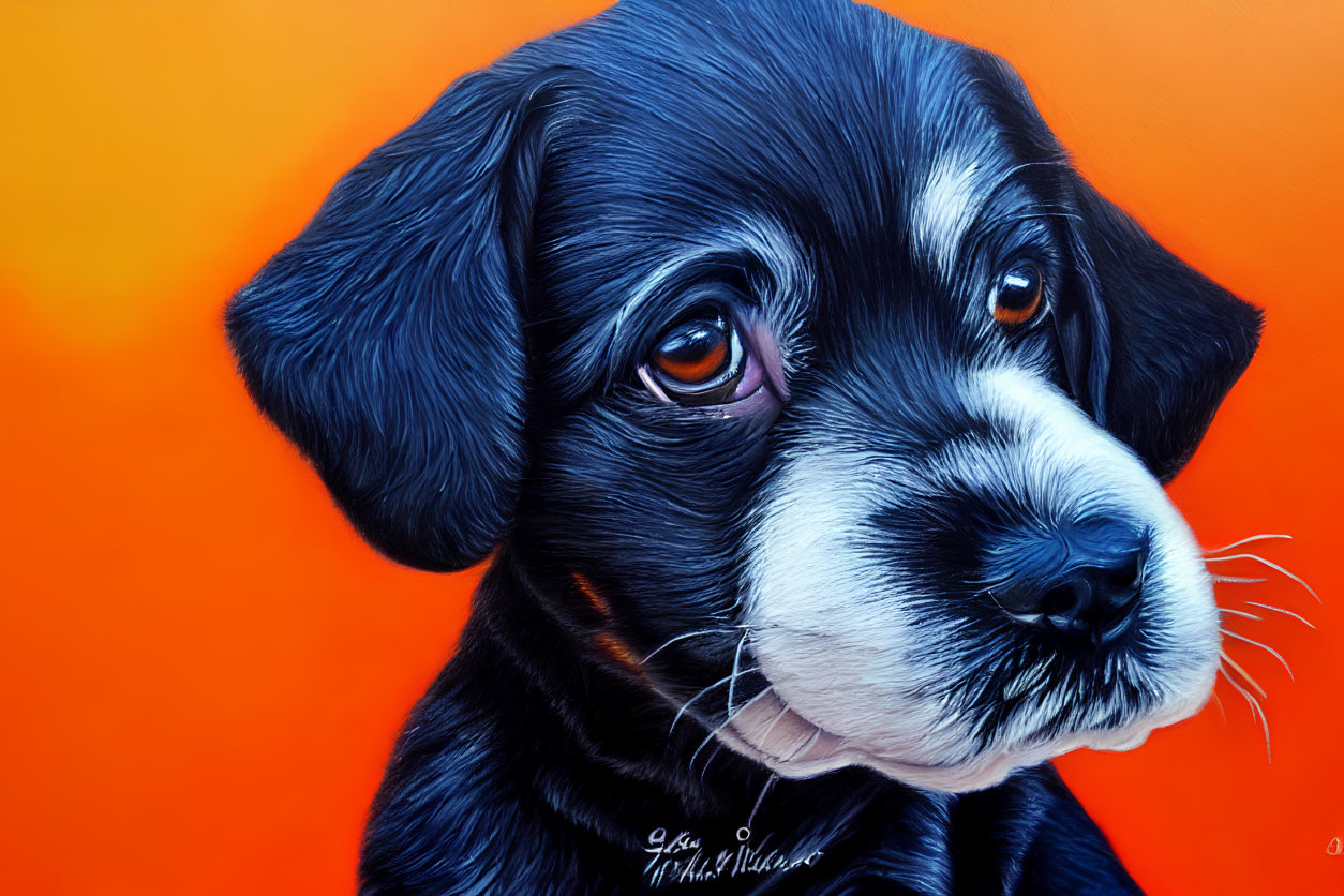 Black Puppy with White Markings on Orange Background Artwork